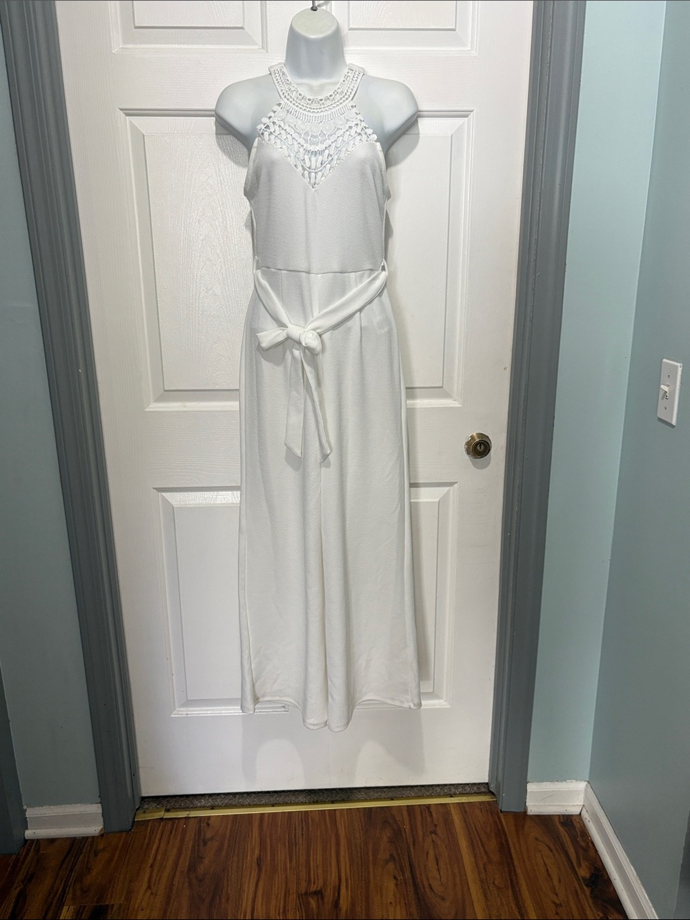 Crochet Halter Jumpsuit with     Waist Tie